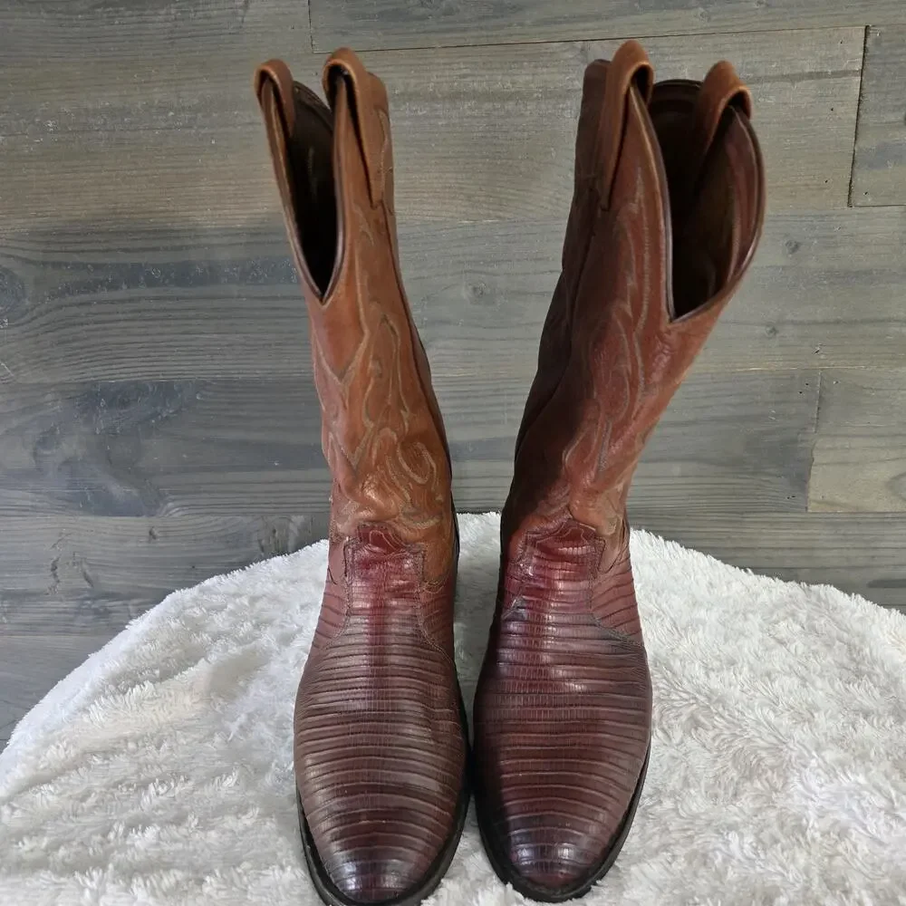Vintage Tony Lama Brown Stitched Teju Lizard Leather Western Boots MENS SIZE 9